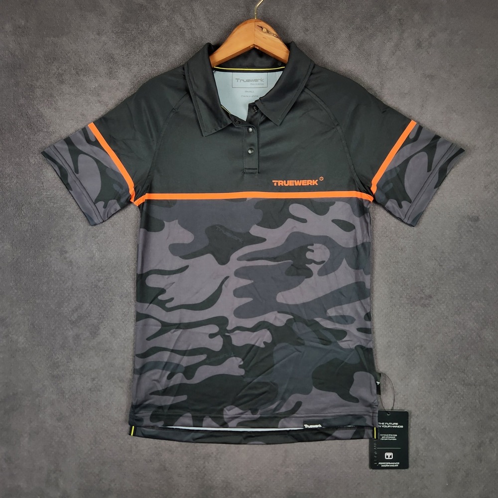 Truewerk T.5‎ Polo Womens Small Black Gray Camo Orange Short Sleeve Snap NEW